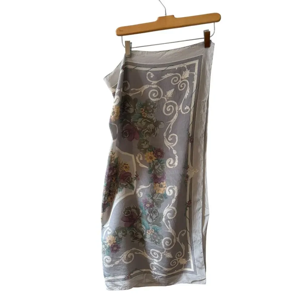 Vintage Liz Claiborne Large Square Silk Chiffon Scarf Gray Plum Floral Print